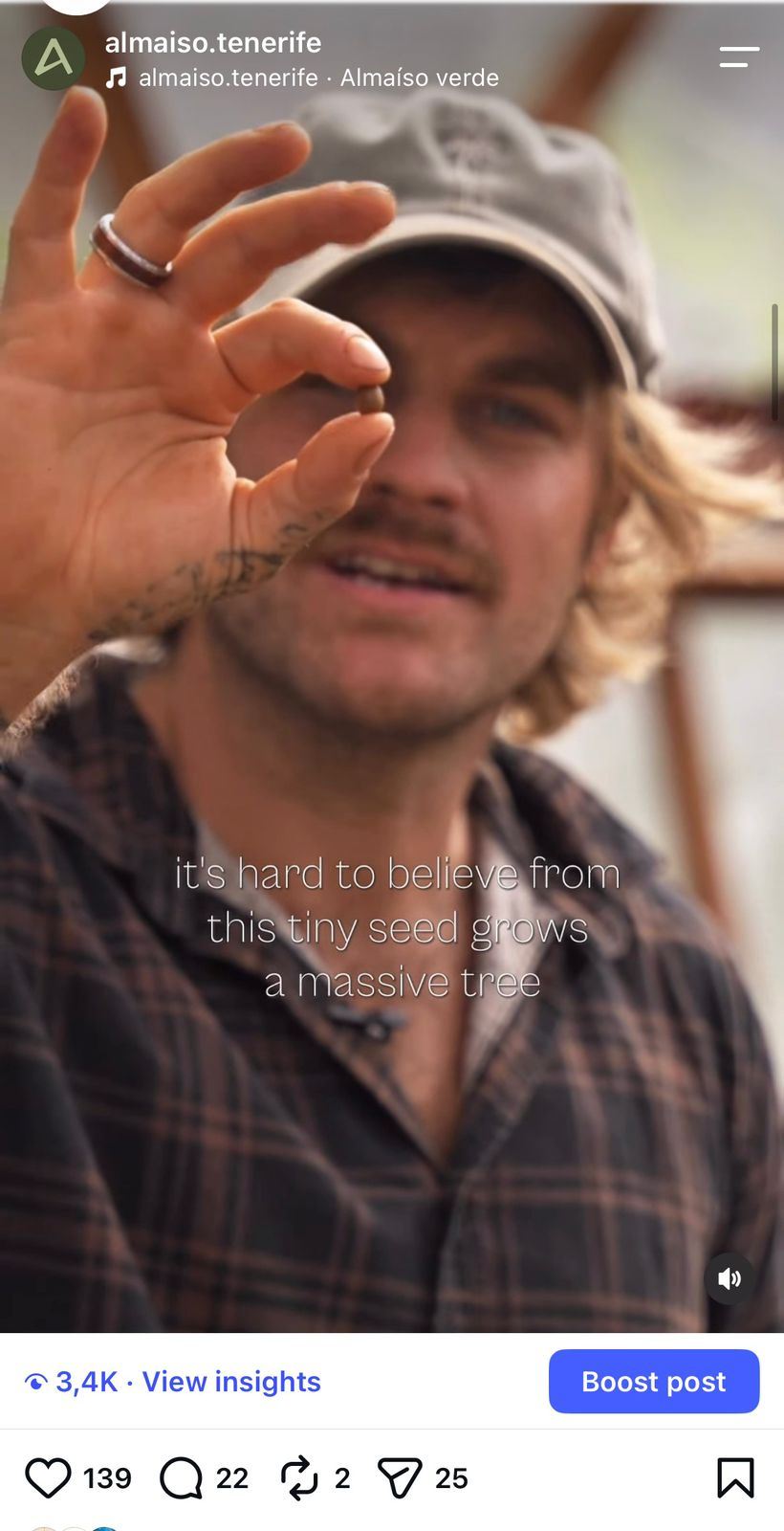 Instagram reel of a man holding a tiny seed