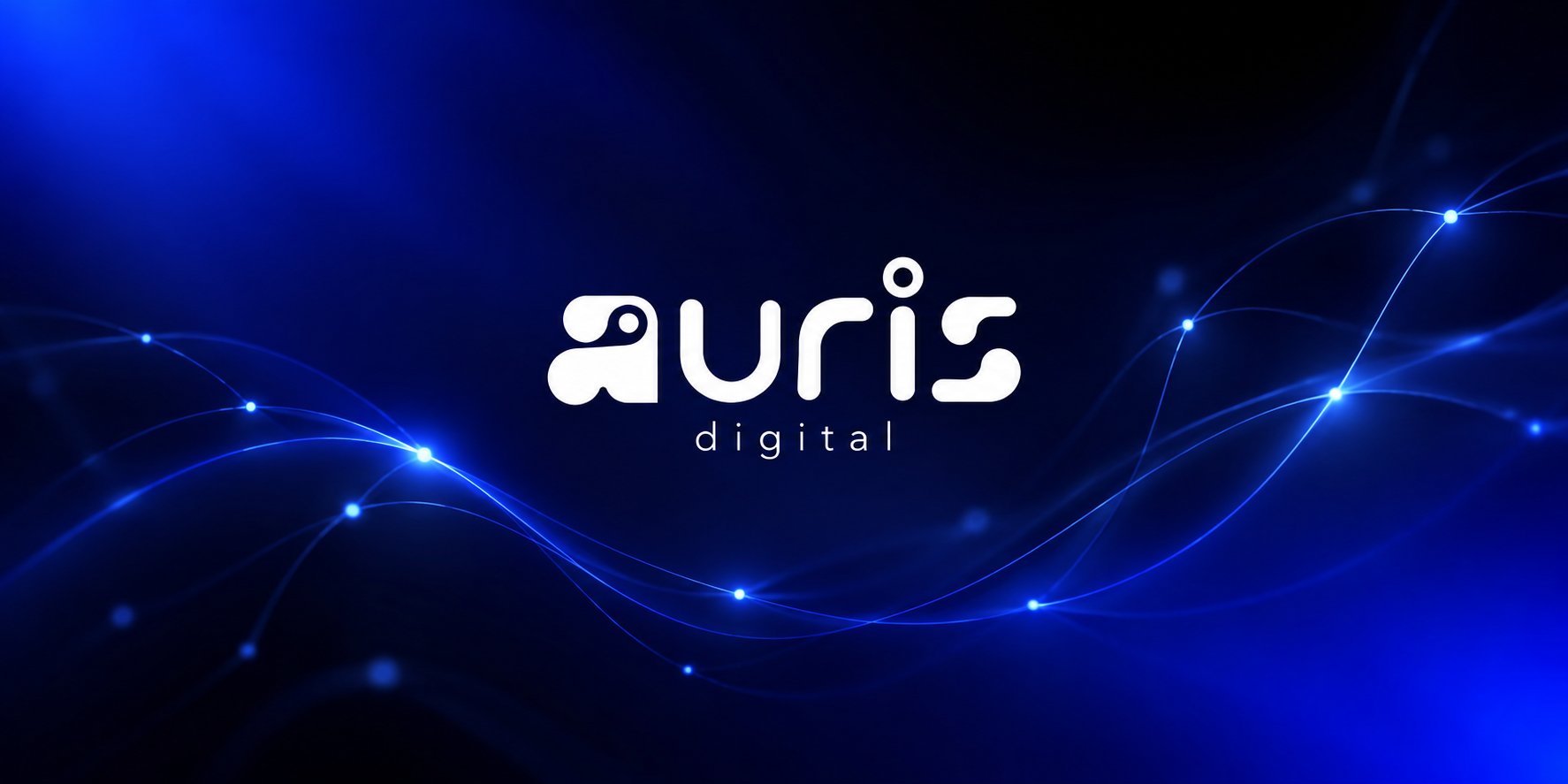 Auris Digital logo on a dark blue background with glowing connected lines