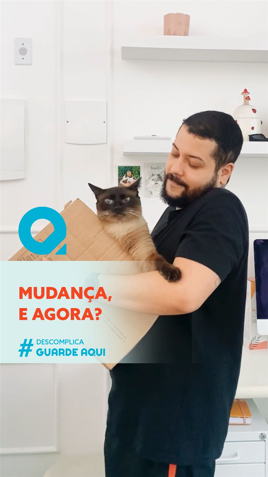 Content series cover: a man carrying a cat in a moving box, Mudança, e agora?