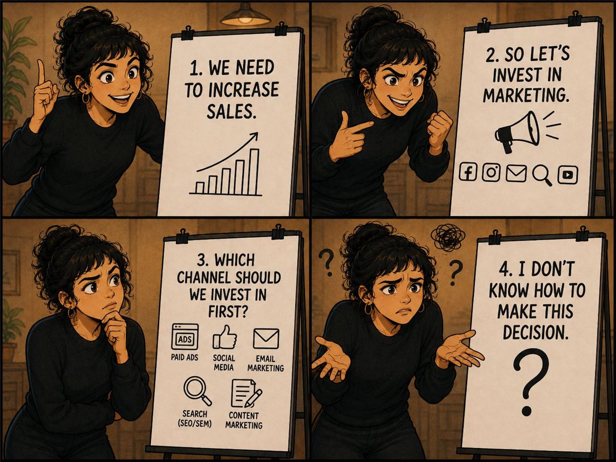 Four-panel comic of a woman at a flip chart: 1. We need to increase sales. 2. So let’s invest in marketing. 3. Which channel should we invest in first? Paid ads, social media, email marketing, search, content marketing. 4. I don’t know how to make this decision.