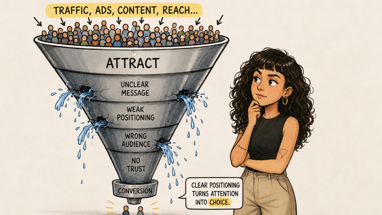 Illustration of a leaking funnel: traffic, ads, content and reach pour in at the top, but an unclear message, weak positioning, the wrong audience and no trust let people drain out before conversion, while a woman watches, thinking.
