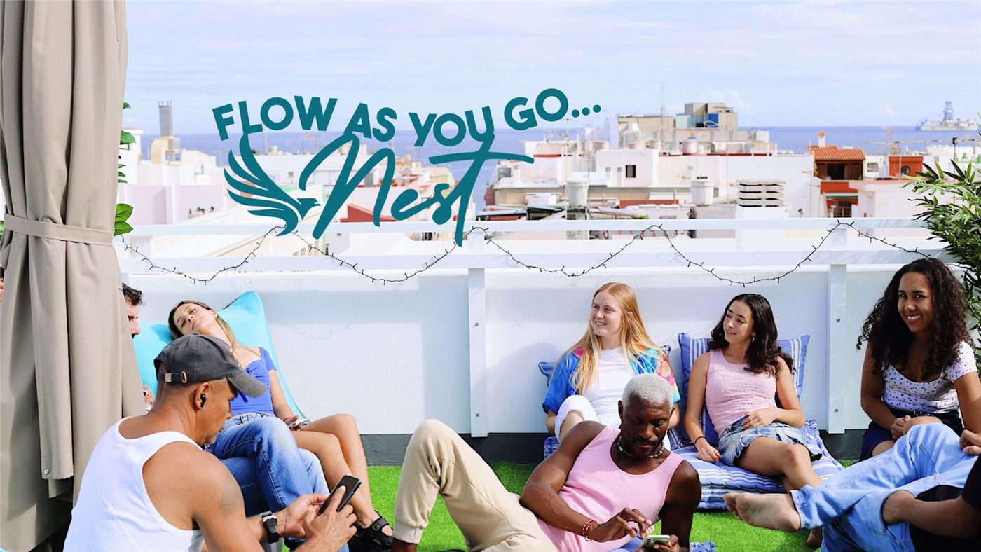 Nest website banner: guests relaxing on a rooftop under the line Flow as you go